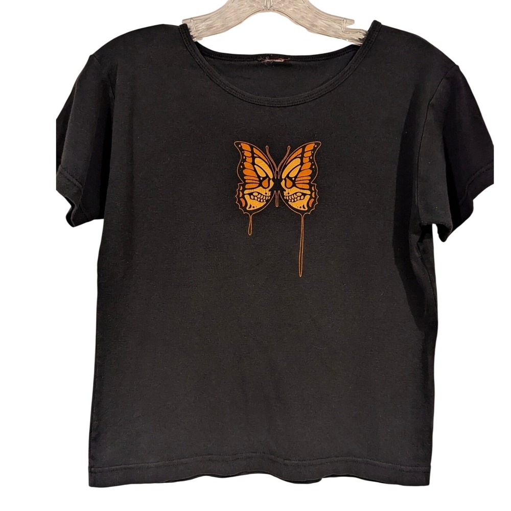 Vintage Y2K Butterfly Skull Graphic Tee Medium Gothic Grunge Baby Tee Whimsigoth